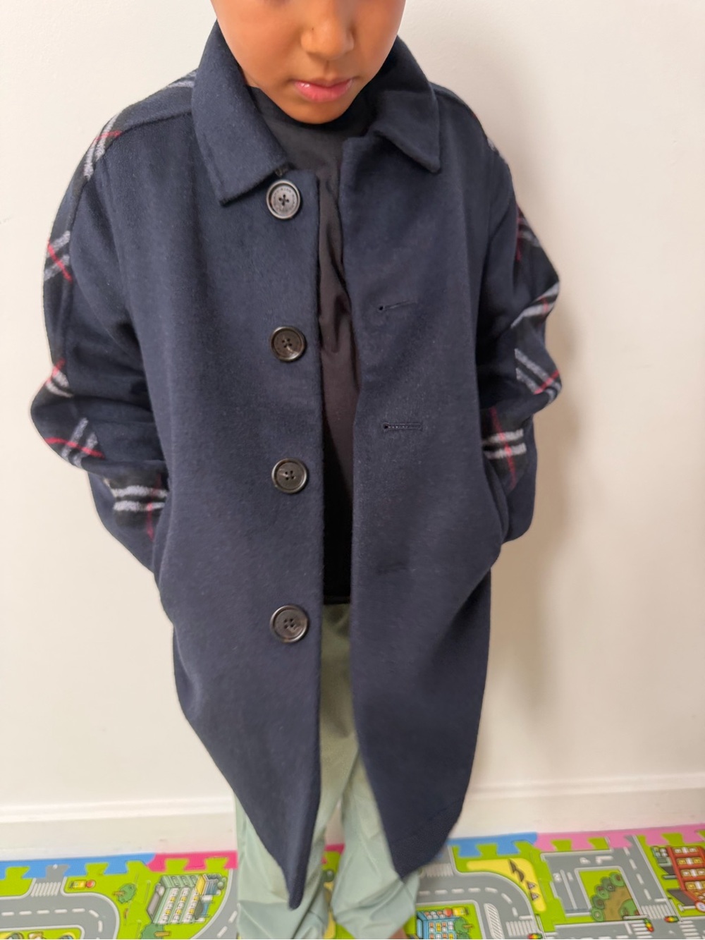 Kids Navy Plaid-Trim Wool Blend Coat - A-Land(Korean brand)